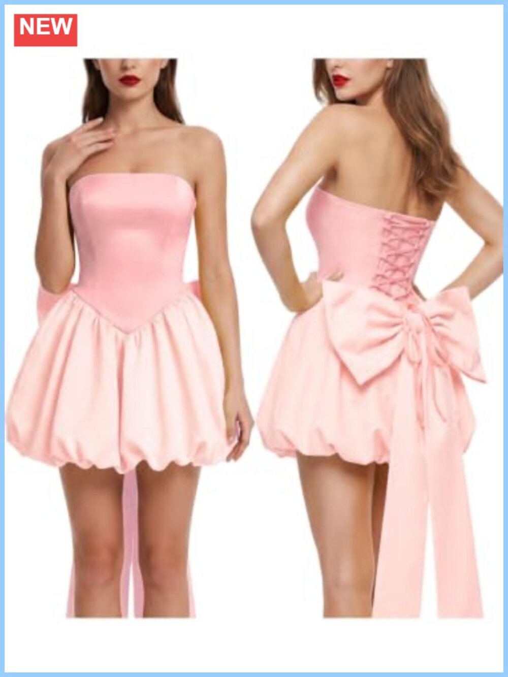 Womens Strapless Bubble Mini Dress Lace Up Back Detachable Bow Prom
